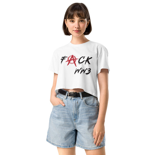 Front view of white women’s crop top from ANARCHY collection by FCKWW3